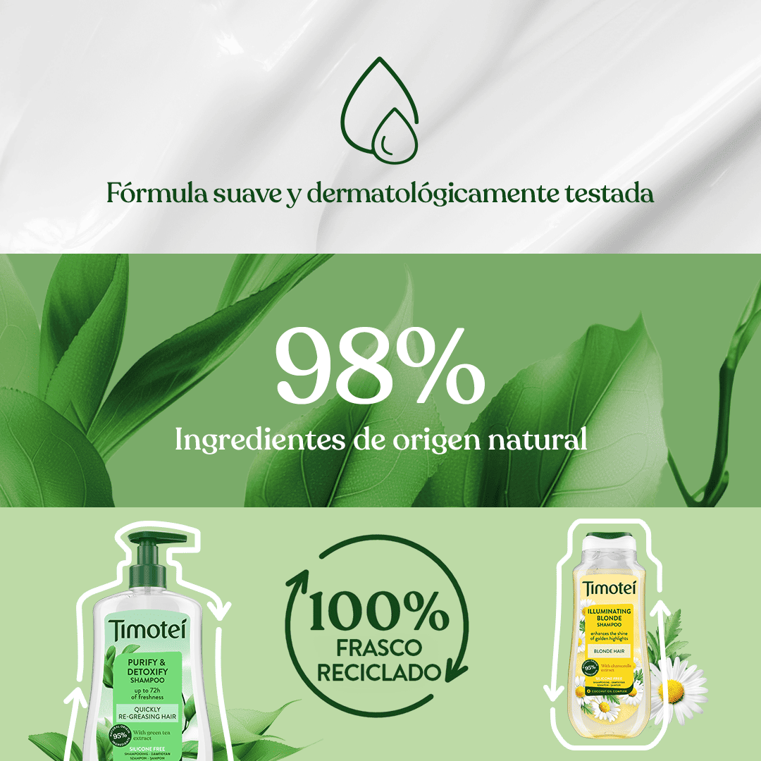 Valores de marca Timotei con fórmulas suaves, ingredientes de origen natural y frascos reciclados